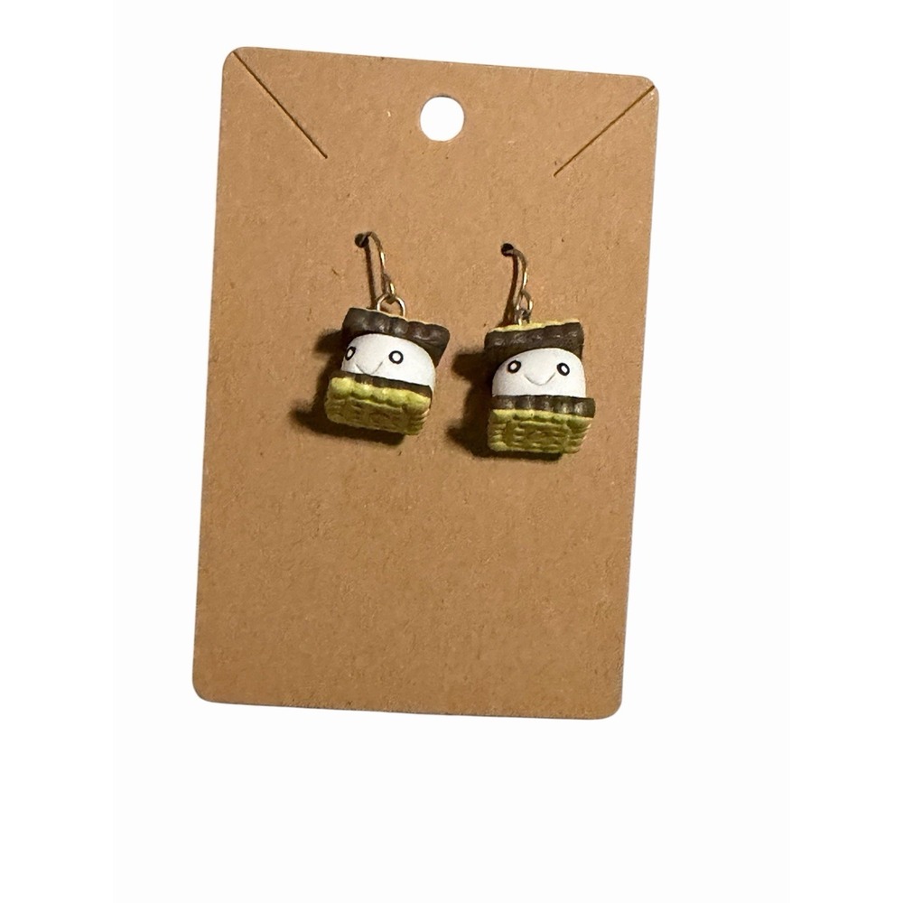 Handmade S'mores Polymer Clay Dangle Earrings Brown White Gold Tone